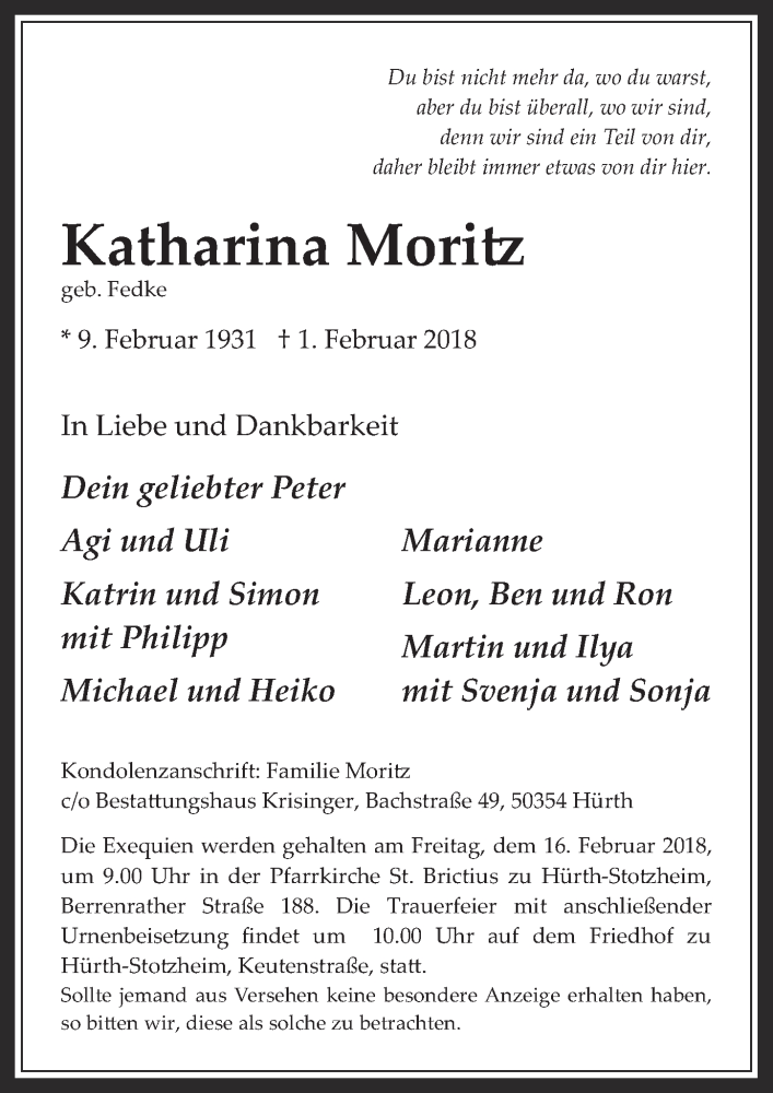  Traueranzeige für Katharina Moritz vom 14.02.2018 aus  Wochenende 