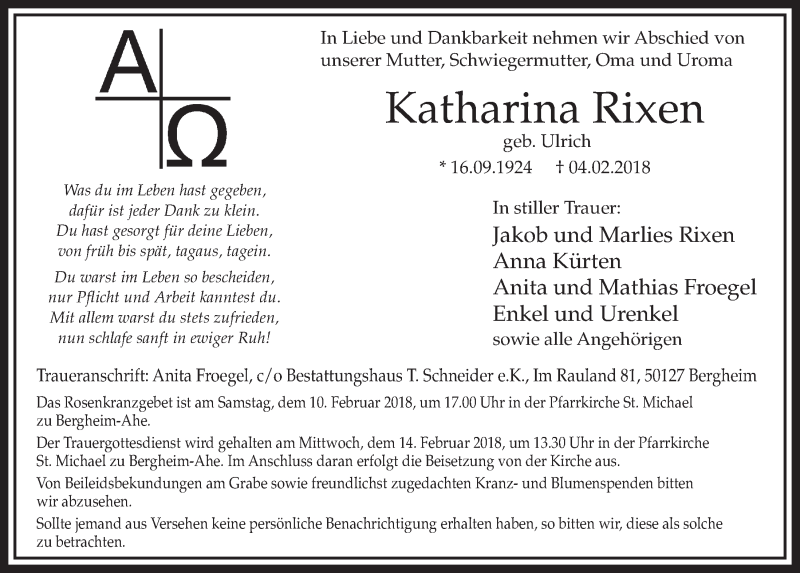  Traueranzeige für Katharina Rixen vom 10.02.2018 aus  Sonntags-Post 