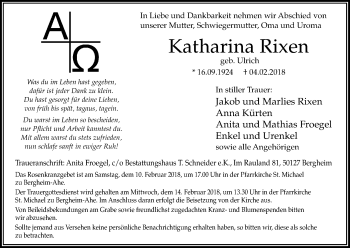 Anzeige von Katharina Rixen von Kölner Stadt-Anzeiger / Kölnische Rundschau / Express