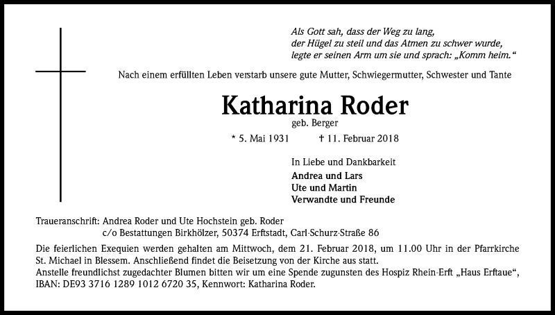  Traueranzeige für Katharina Roder vom 17.02.2018 aus Kölner Stadt-Anzeiger / Kölnische Rundschau / Express