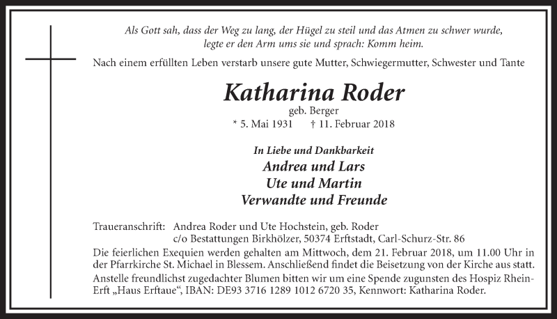  Traueranzeige für Katharina Roder vom 17.02.2018 aus  Sonntags-Post 