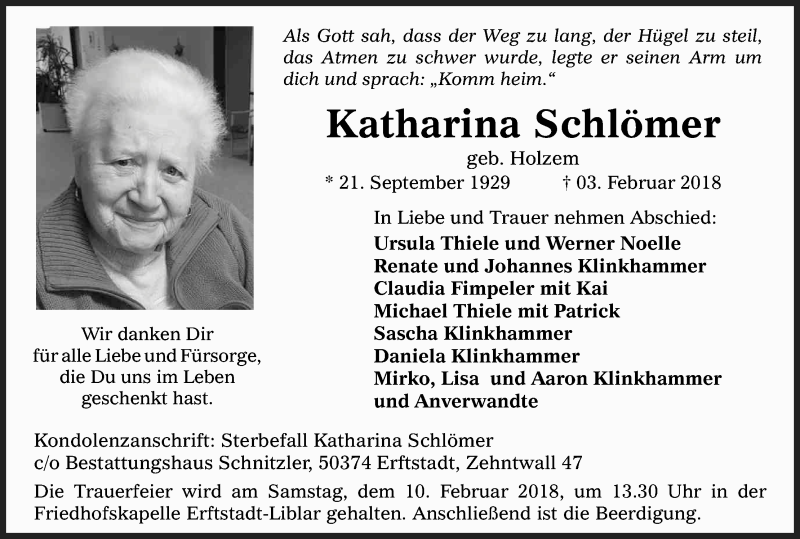  Traueranzeige für Katharina Schlömer vom 07.02.2018 aus Kölner Stadt-Anzeiger / Kölnische Rundschau / Express