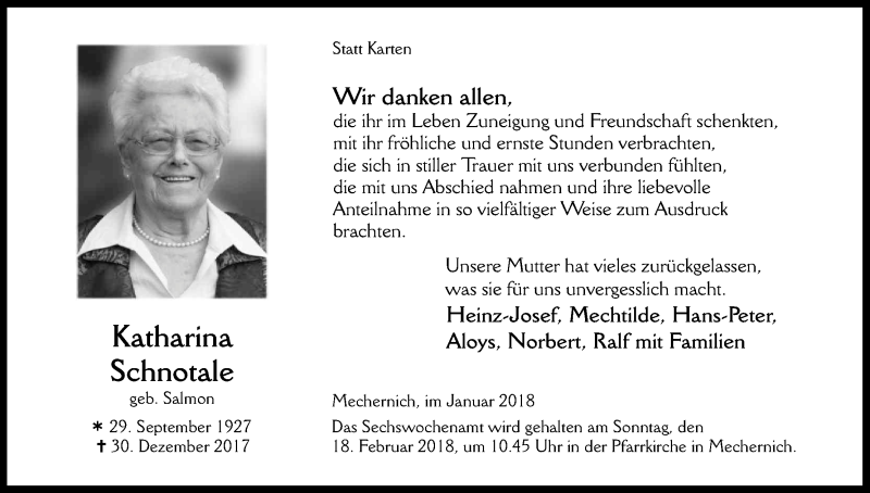  Traueranzeige für Katharina Schnotale vom 16.02.2018 aus Kölner Stadt-Anzeiger / Kölnische Rundschau / Express