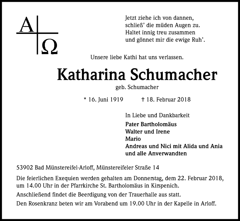  Traueranzeige für Katharina Schumacher vom 21.02.2018 aus Kölner Stadt-Anzeiger / Kölnische Rundschau / Express