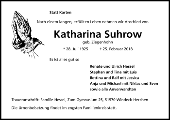 Anzeige von Katharina Suhrow von Kölner Stadt-Anzeiger / Kölnische Rundschau / Express