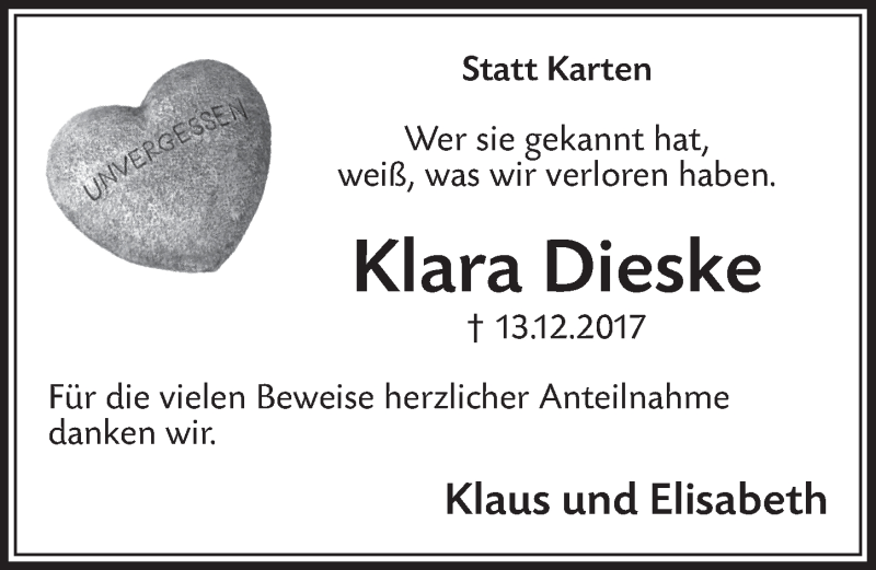  Traueranzeige für Klara Dieske vom 31.01.2018 aus  Schlossbote/Werbekurier 