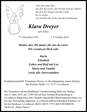 Anzeige von Klara Dreyer von Kölner Stadt-Anzeiger / Kölnische Rundschau / Express