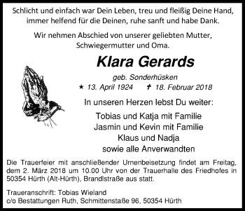 Anzeige von Klara Gerards von Kölner Stadt-Anzeiger / Kölnische Rundschau / Express