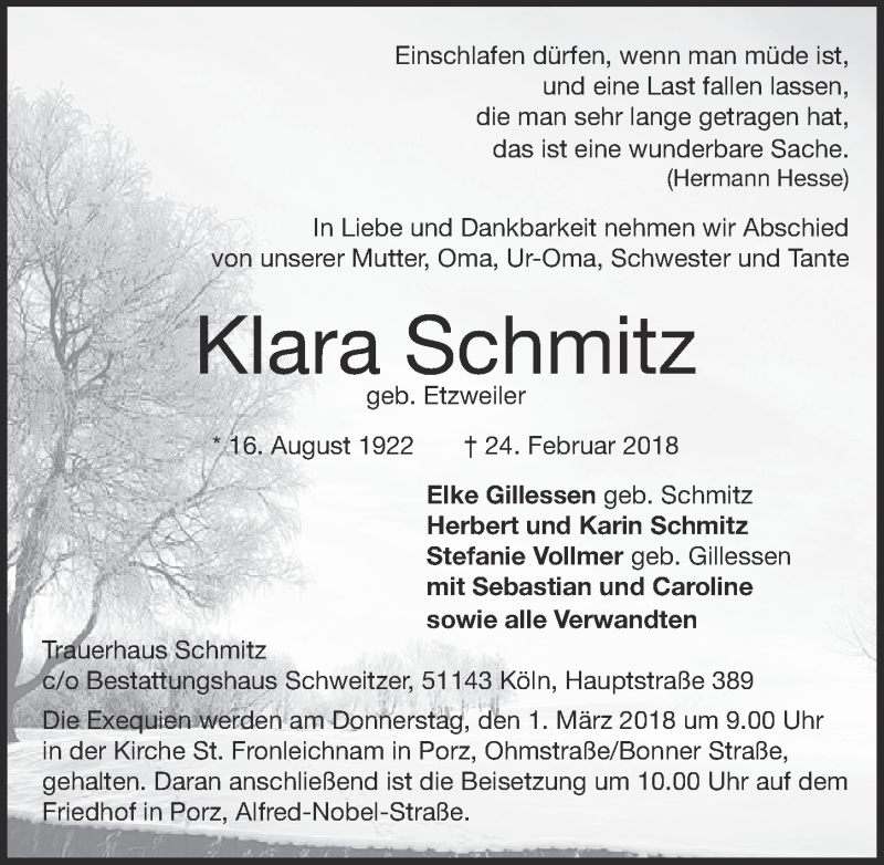  Traueranzeige für Klara Schmitz vom 28.02.2018 aus  Kölner Wochenspiegel 