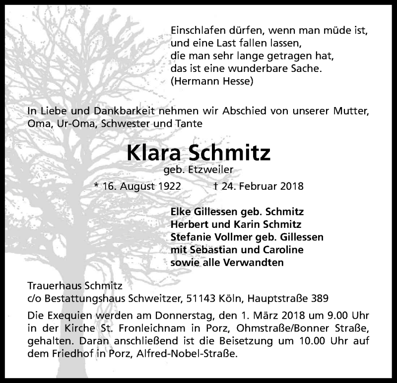  Traueranzeige für Klara Schmitz vom 28.02.2018 aus Kölner Stadt-Anzeiger / Kölnische Rundschau / Express
