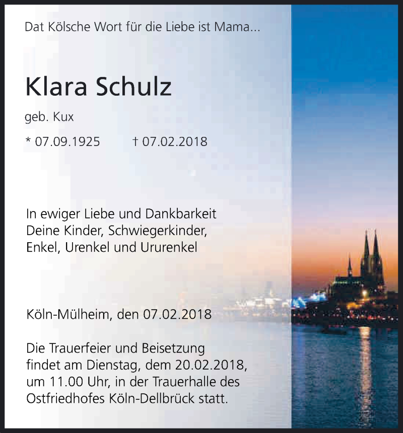  Traueranzeige für Klara Schulz vom 17.02.2018 aus Kölner Stadt-Anzeiger / Kölnische Rundschau / Express
