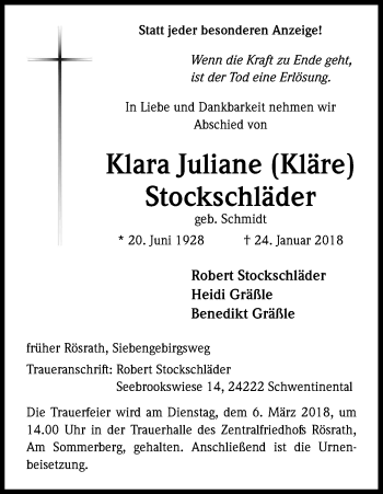 Anzeige von Klara Juliane  Stockschläder von Kölner Stadt-Anzeiger / Kölnische Rundschau / Express