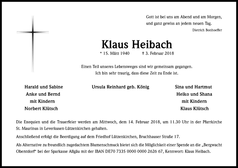  Traueranzeige für Klaus Heibach vom 10.02.2018 aus Kölner Stadt-Anzeiger / Kölnische Rundschau / Express