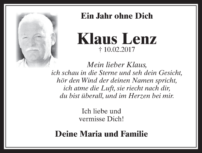  Traueranzeige für Klaus Lenz vom 07.02.2018 aus  Werbepost 