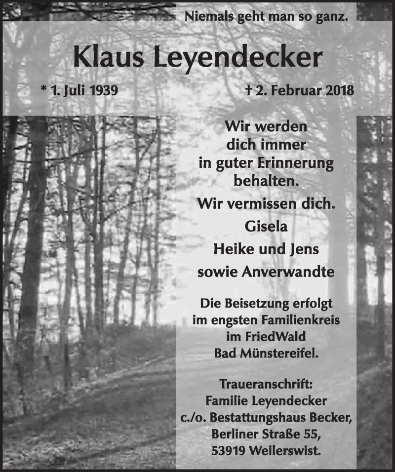  Traueranzeige für Klaus Leyendecker vom 10.02.2018 aus  Blickpunkt Euskirchen 