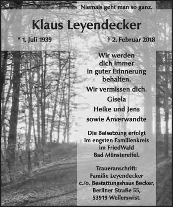 Anzeige von Klaus Leyendecker von  Blickpunkt Euskirchen 