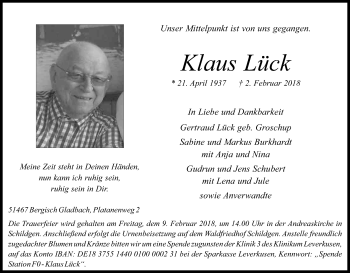 Anzeige von Klaus Lück von Kölner Stadt-Anzeiger / Kölnische Rundschau / Express