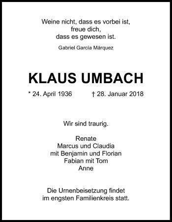 Anzeige von Klaus Umbach von Kölner Stadt-Anzeiger / Kölnische Rundschau / Express