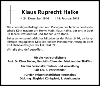 Anzeige von Klaus Ruprecht Halke von Kölner Stadt-Anzeiger / Kölnische Rundschau / Express