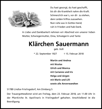 Anzeige von Klärchen Sauermann von Kölner Stadt-Anzeiger / Kölnische Rundschau / Express