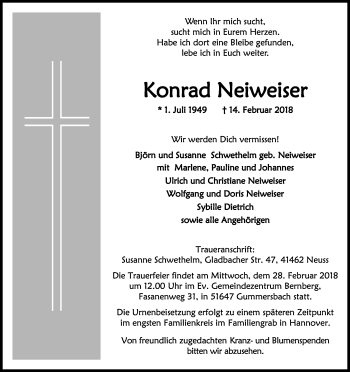 Anzeige von Konrad Neiweiser von Kölner Stadt-Anzeiger / Kölnische Rundschau / Express