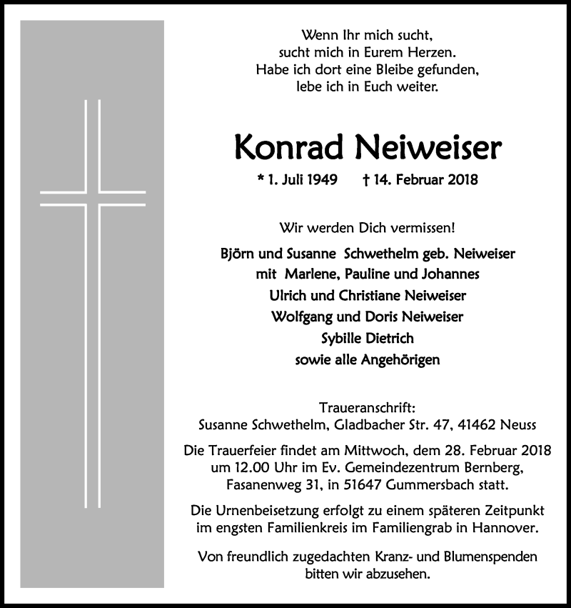  Traueranzeige für Konrad Neiweiser vom 24.02.2018 aus Kölner Stadt-Anzeiger / Kölnische Rundschau / Express