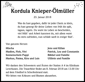 Anzeige von Kordula Knieper-Ölmüller von Kölner Stadt-Anzeiger / Kölnische Rundschau / Express