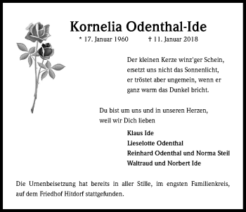 Anzeige von Kornelia Odenthal-Ide von Kölner Stadt-Anzeiger / Kölnische Rundschau / Express