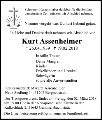 Anzeige von Kurt Assenheimer von Kölner Stadt-Anzeiger / Kölnische Rundschau / Express