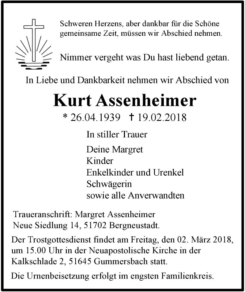  Traueranzeige für Kurt Assenheimer vom 28.02.2018 aus  Anzeigen Echo 