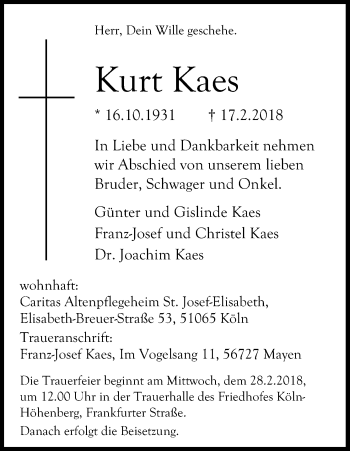 Anzeige von Kurt Kaes von Kölner Stadt-Anzeiger / Kölnische Rundschau / Express