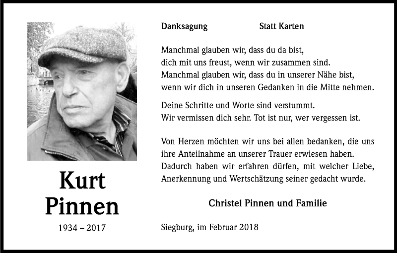  Traueranzeige für Kurt Pinnen vom 17.02.2018 aus Kölner Stadt-Anzeiger / Kölnische Rundschau / Express