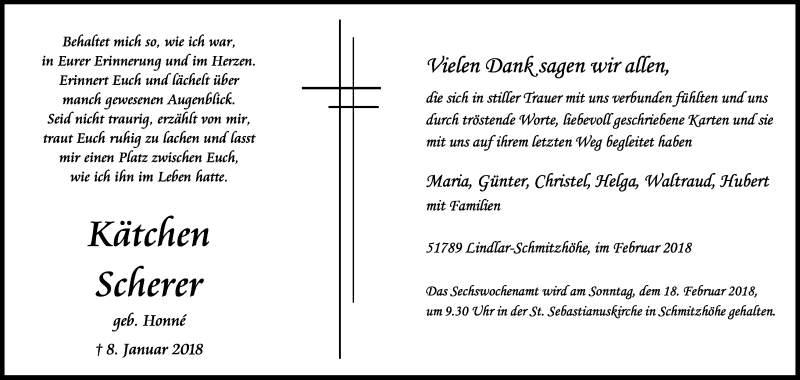  Traueranzeige für Kätchen Scherer vom 10.02.2018 aus Kölner Stadt-Anzeiger / Kölnische Rundschau / Express