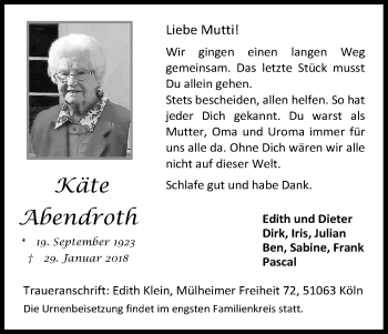 Anzeige von Käte Abendroth von Kölner Stadt-Anzeiger / Kölnische Rundschau / Express