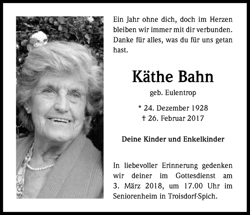  Traueranzeige für Käthe Bahn vom 28.02.2018 aus Kölner Stadt-Anzeiger / Kölnische Rundschau / Express