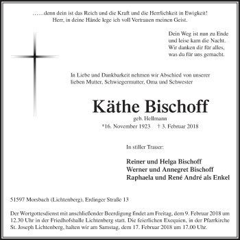 Anzeige von Käthe Bischoff von  Lokalanzeiger 