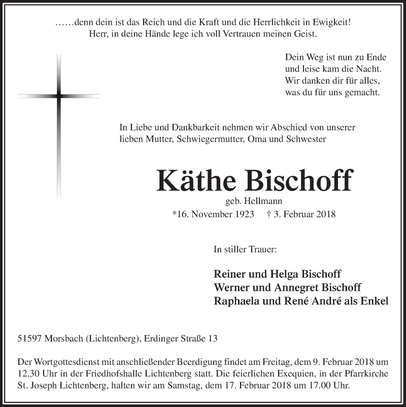  Traueranzeige für Käthe Bischoff vom 07.02.2018 aus  Lokalanzeiger 