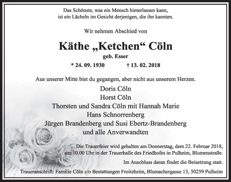  Traueranzeige für Käthe Cöln vom 17.02.2018 aus  Sonntags-Post 