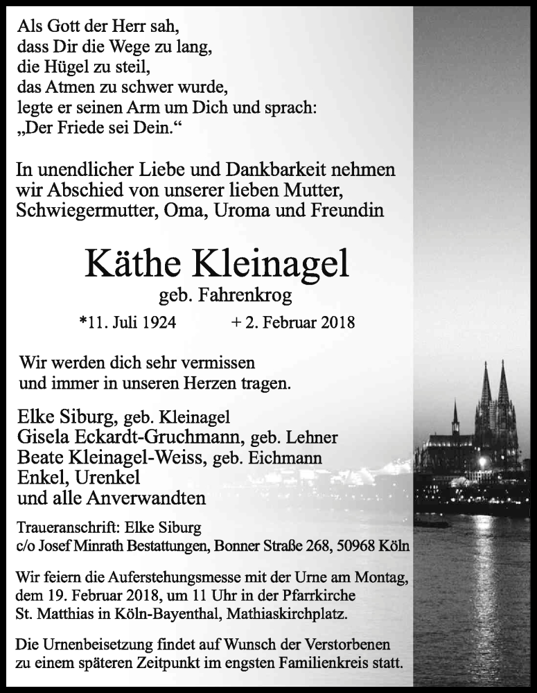  Traueranzeige für Käthe Kleinagel vom 14.02.2018 aus Kölner Stadt-Anzeiger / Kölnische Rundschau / Express