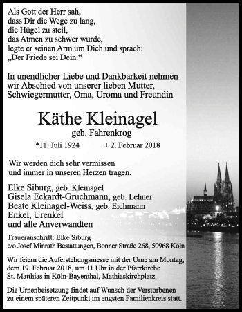 Anzeige von Käthe Kleinagel von Kölner Stadt-Anzeiger / Kölnische Rundschau / Express