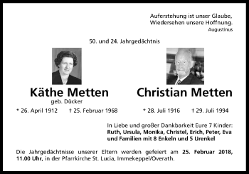 Anzeige von Käthe Metten von Kölner Stadt-Anzeiger / Kölnische Rundschau / Express
