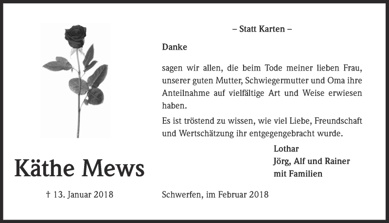  Traueranzeige für Käthe Mews vom 24.02.2018 aus  Blickpunkt Euskirchen 