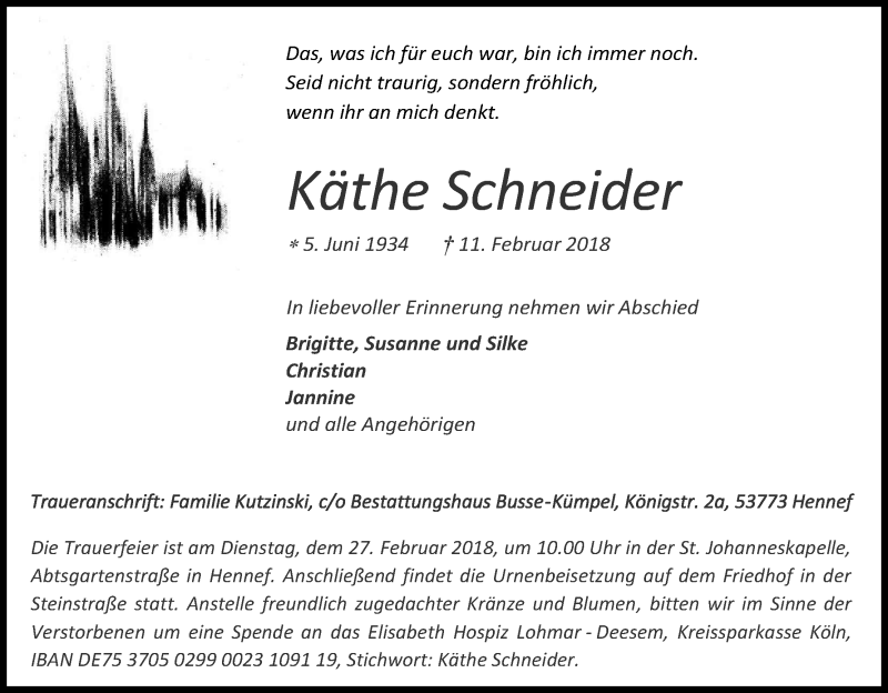  Traueranzeige für Käthe Schneider vom 19.02.2018 aus Kölner Stadt-Anzeiger / Kölnische Rundschau / Express