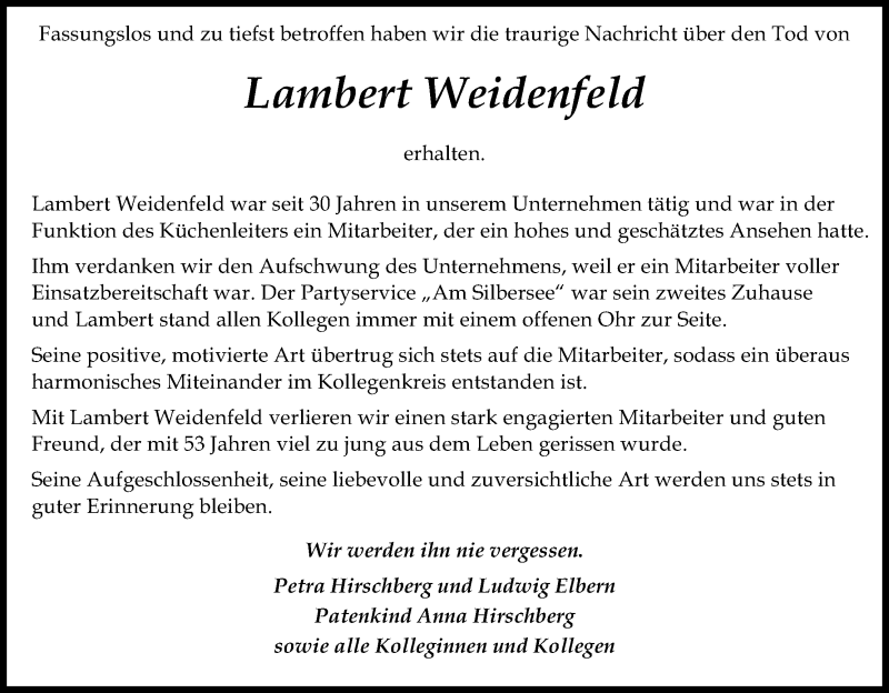  Traueranzeige für Lambert Weidenfeld vom 10.02.2018 aus Kölner Stadt-Anzeiger / Kölnische Rundschau / Express