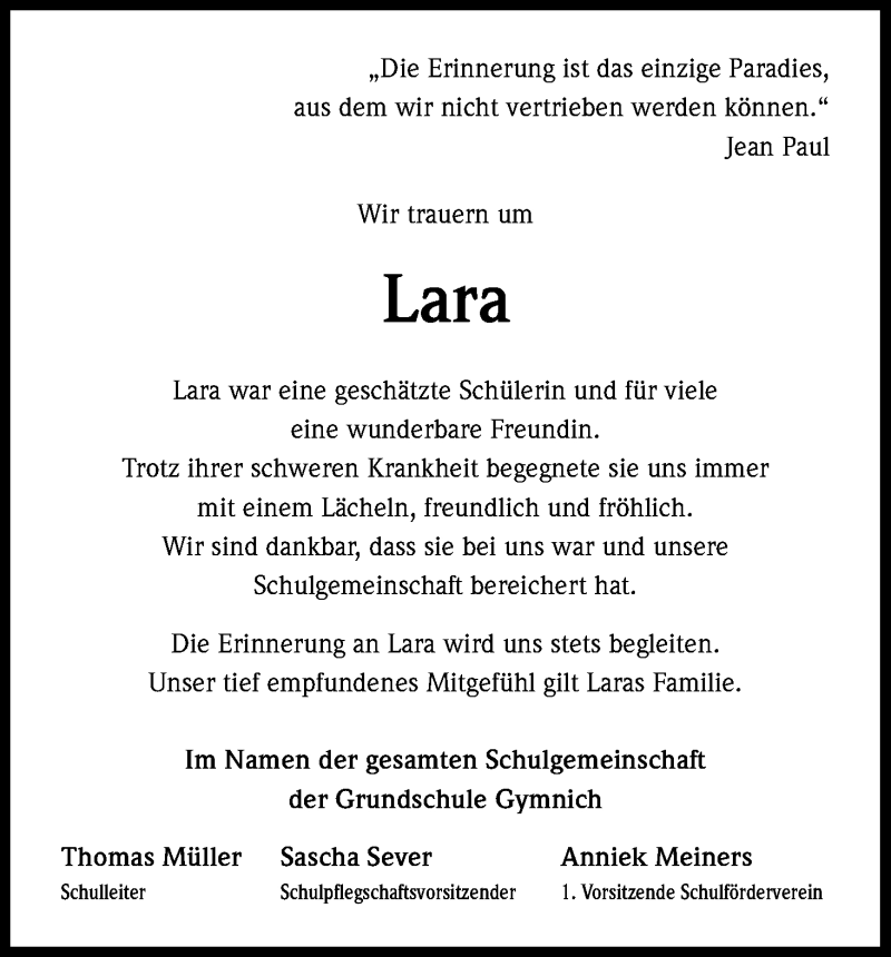  Traueranzeige für Lara  vom 17.02.2018 aus Kölner Stadt-Anzeiger / Kölnische Rundschau / Express