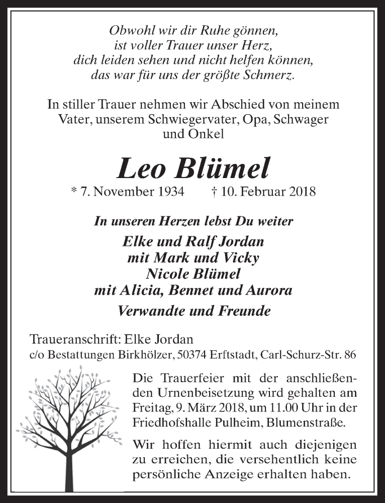  Traueranzeige für Leo Blümel vom 28.02.2018 aus  Werbepost 
