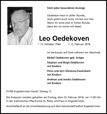 Anzeige von Leo Oedekoven von Kölner Stadt-Anzeiger / Kölnische Rundschau / Express
