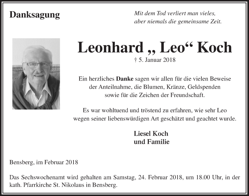  Traueranzeige für Leonhard  Koch vom 21.02.2018 aus  Bergisches Handelsblatt 