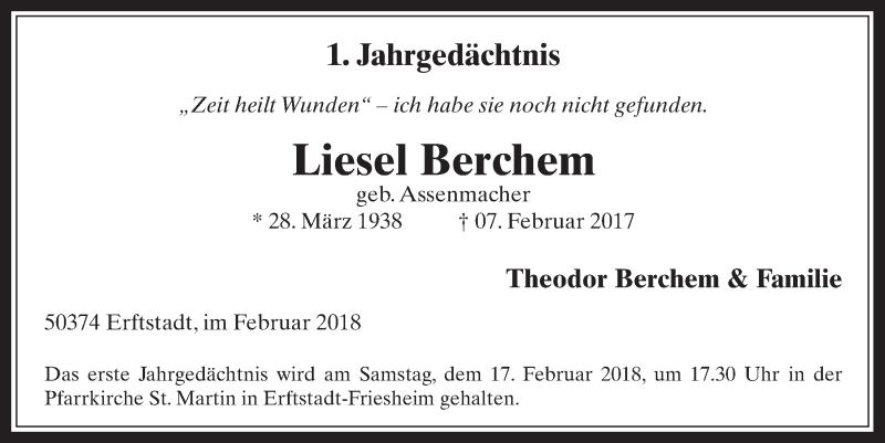  Traueranzeige für Liesel Berchem vom 14.02.2018 aus  Werbepost 