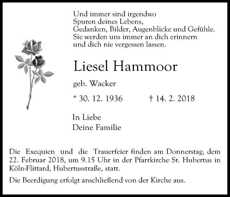  Traueranzeige für Liesel Hammoor vom 17.02.2018 aus Kölner Stadt-Anzeiger / Kölnische Rundschau / Express
